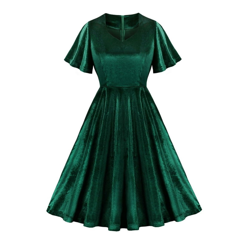 Cagogo Women's 1950s Vintage Audrey Hepburn Style Cocktail Party Evening Prom Gown Swing Dresses Rockabilly Retro Short Sleeve Midi Dress, Size: Small
