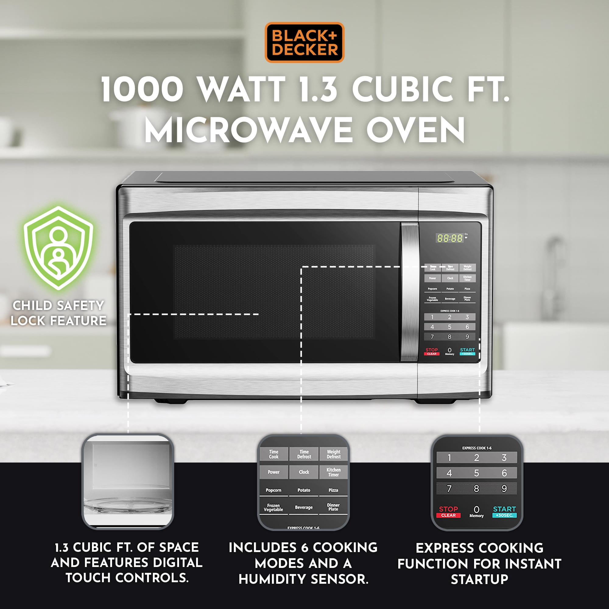 Black+Decker 1000 Watt 1.3 Cubic Feet Microwave Oven, Black Stainless  Steel, 1 Piece - Harris Teeter