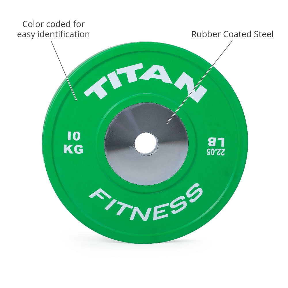 Titan Fitness 10 KG Green Elite Color Olympic Bumper Plates, Sold as a Pair, Competition Weight Plates, Rubber with Steel Insert