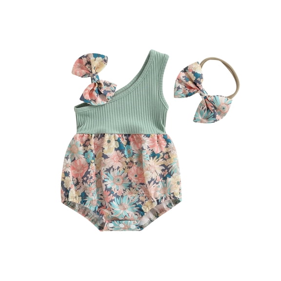 LMLYSoH Baby Girl Two Piece Outfits Summer Floral One Shoulder Romper and Stretch Headband Cute Clothes