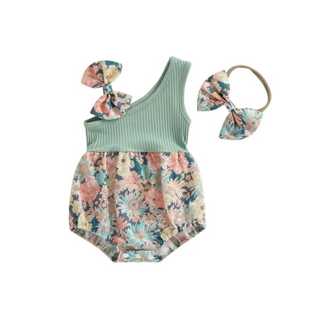 

TFFR Infant Baby Girl Cute Romper Outfits Floral Sleeveless One Shoulder Jumpsuit Headband，0-18M