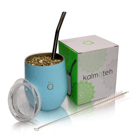 Kalmateh Yerba Mate Gourd- Modern 8 oz Mate Cup with BPA Free Lid- Double Walled 18/8 Stainless Steel - Includes Bombilla and Cleaning Brush (Pastel Blue)