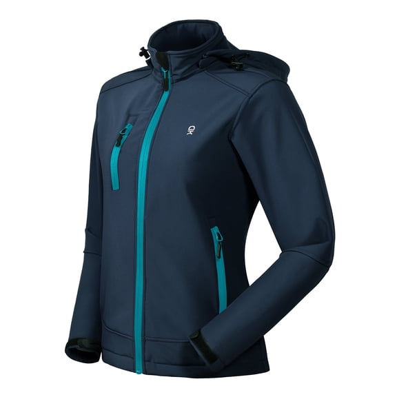 Women’s Softshell Jacket, Ski Snowboarding Jacket with Removable Hood, Fleece Lined and Water Repellent Dark Blue XS