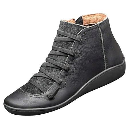 XZNGL Womens Shoes Casual Women Casual Flat Leather Retro Lace-Up Boots Side Zipper Plus Shoe Boots
