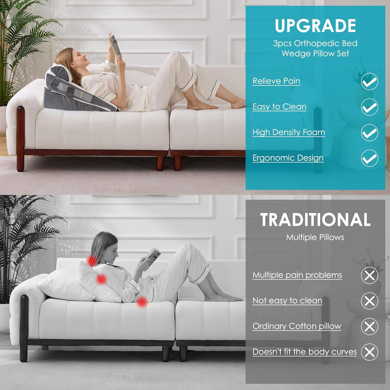 3Pcs Wedge Pillow Set for After Surgery,Acid Reflux Relief, Adjustable Bed Wedge Pillows for Sleeping,Anti Snore, Memory Foam Triangle Pillow for Back&Neck&Shoulder Pain Relief, White&Grey