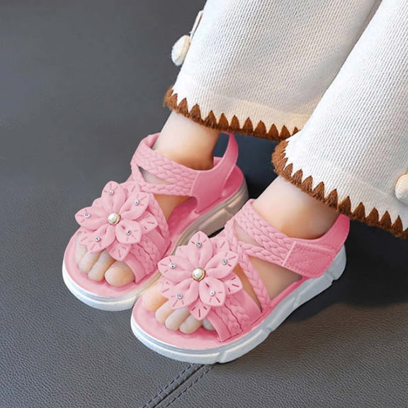 Eltusu Girls Sandals with Strap, Non Slip Open Toe Soft Sole Flower Summer Sandals Pink Size 1(Big Kids)