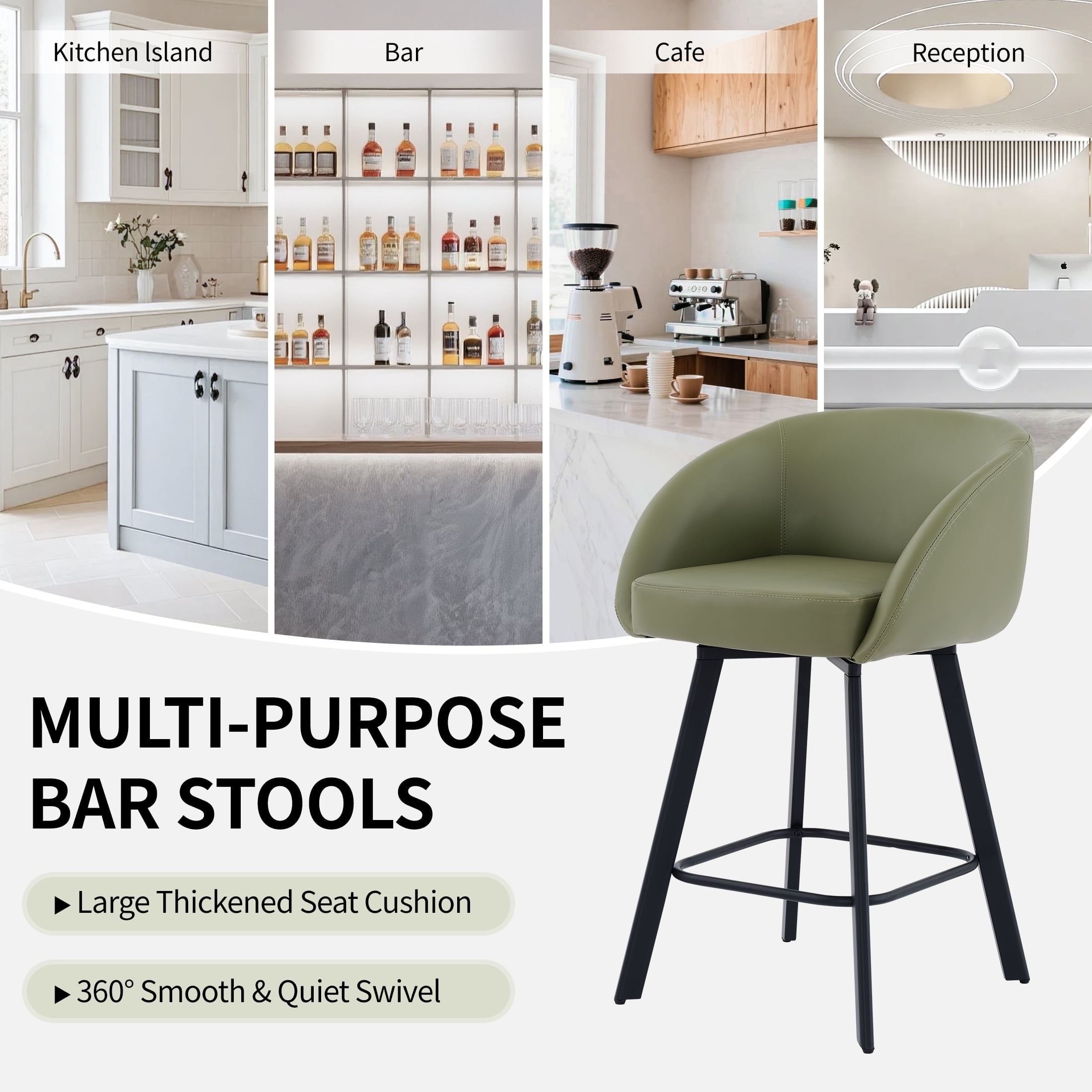 FIRAVOE Bar Stools Set of 2, Swivel Counter Height Bar Stools with Back & Arms (26") Modern Faux Leather Bar Chairs for Kitchen Island, Green