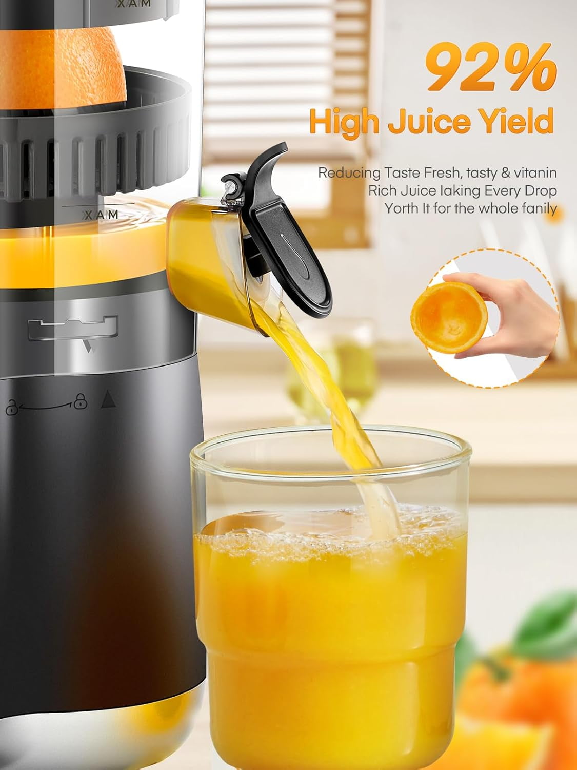 Electric Citrus Juicer with 2 Cones, Hand- Automatic Orange Squeezer for Lemon Grape Pomegranate, Quiet Motor