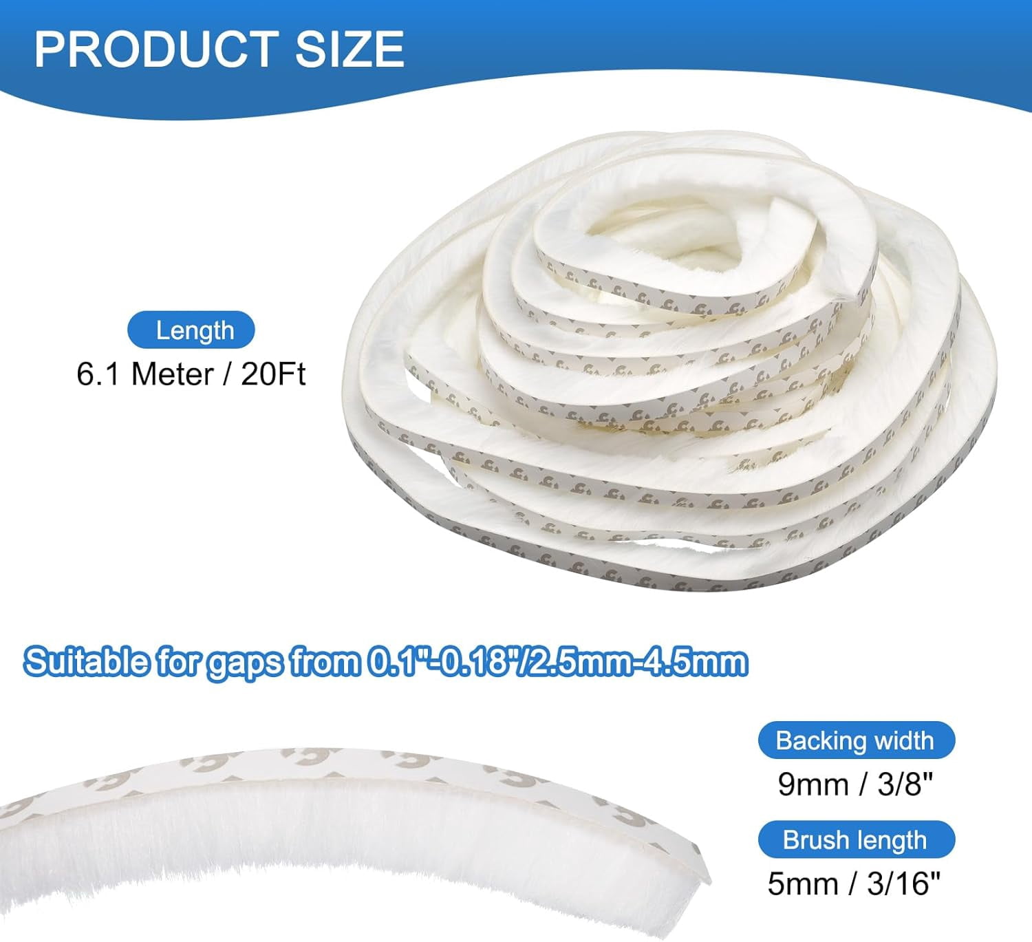FRKSMD-Brush Weather Stripping, 3/8" Backing x 3/16" Brush x 20ft Felt Pile Door Seal Strip for Sliding Door Window Wardrobe - Self-Adhesive White (Windproof Dustproof Soundproof)