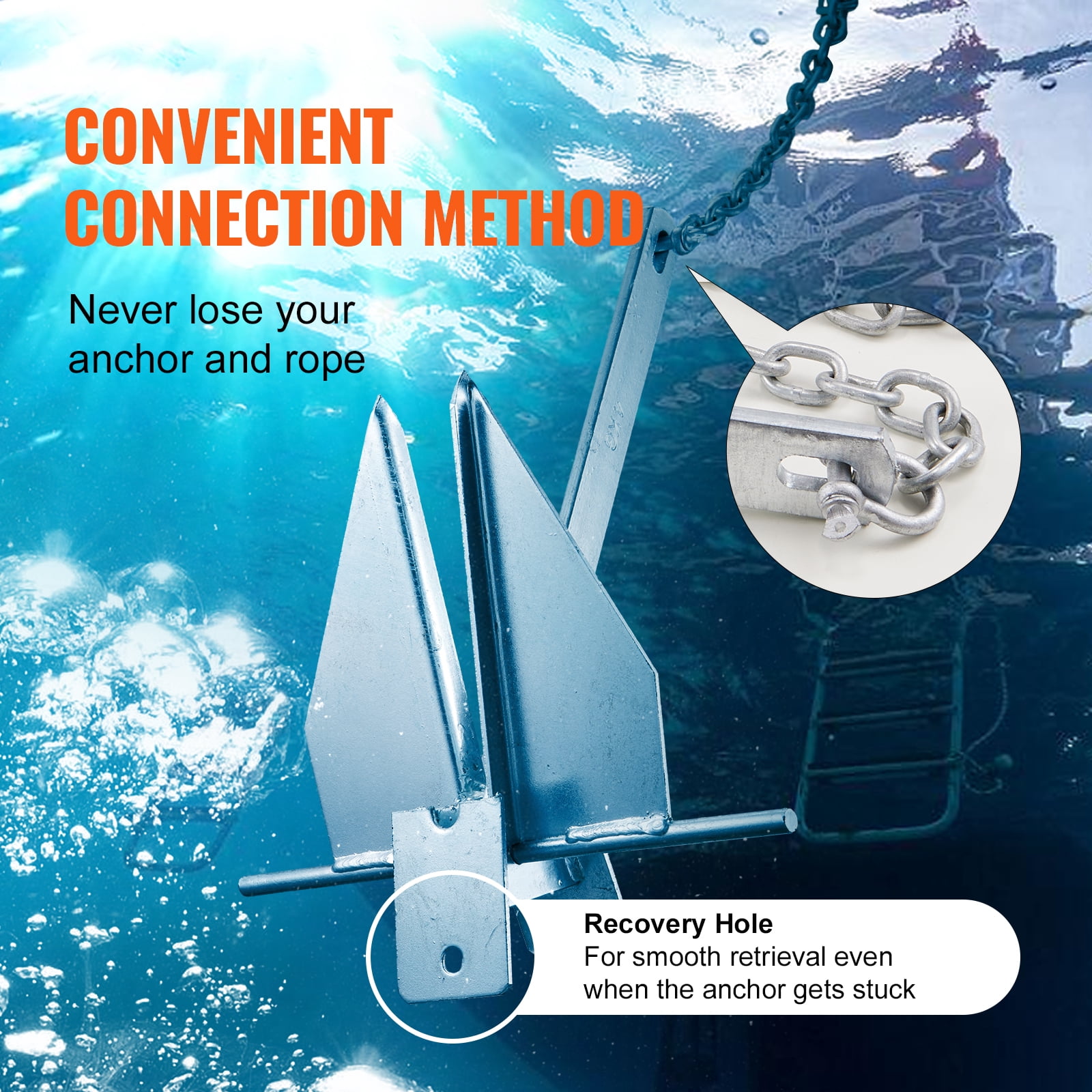 VEVOR Fluke Style Anchor Kit, 13 LBS Hot-Dipped Galvanized Steel Fluke Anchor with 7.9' Chain, 101' Rope and Two 0.4" Shackles, Marine Boat Anchor for Small Vessels Under 30', Seas, Rivers
