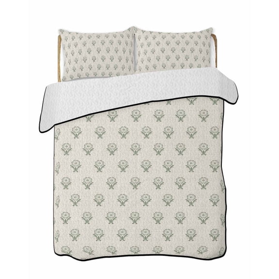 Quilts King Size Bedding Set, Bohemia Lightweight Quilted Comforter, Green Flowers Abstract Boho Beige Soft Reversible Bedspread Coverlet with Pillow Covers for All Season, 96" x 106"