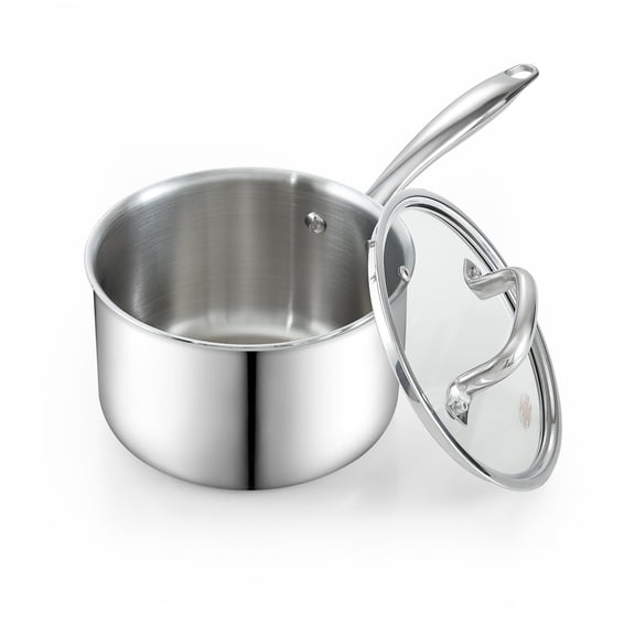Cook N Home Stainless Steel Saucepan 1.5 Quart, Tri-Ply Clad Sauce Pan with Glass Lid, Silver