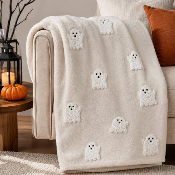 Halloween Ghost Throw Blanket Cozy Plush Embroidery Tufted Fleece Blanket Soft Fall Autumn Couch Cover Bedding Cute Decorative Fuzzy Blanket for Sofa Bed Living Room