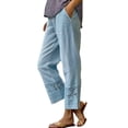 thumbnail image 2 of Women Casual Lightweight Elastic Waist Pants with Pockets Cotton Linen Cropped Pants Loose Solid Color Trousers by Yigetop Light blue S, 2 of 5