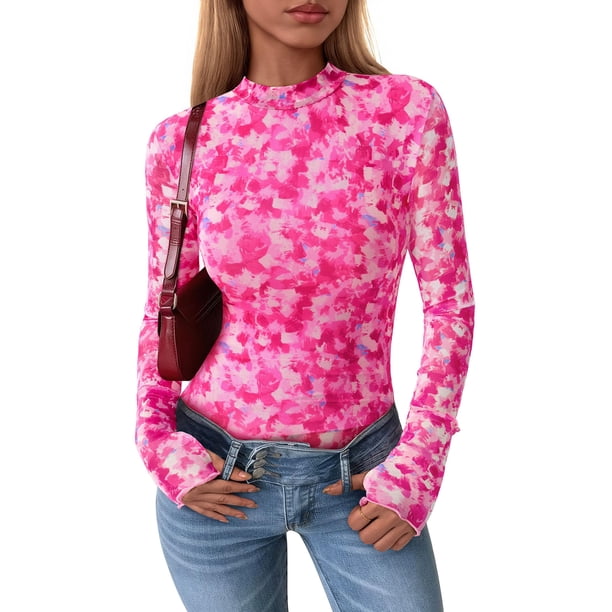 Remera PRETTYGARDEN 2025 de Malla Floral Manga Larga Rosa Talle S