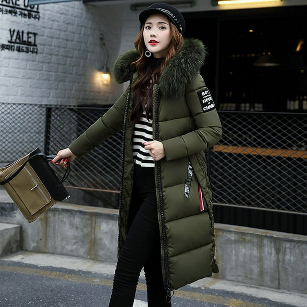 Chaqueta de algodón de corte entallado para mujer, chaqueta de algodón de estilo medio a largo, chaqueta de algodón de plumón grueso con cuello de piel grande a la moda para mujer