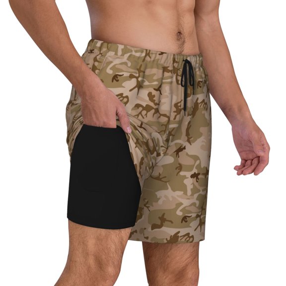Mens Desert Camouflage 2 in 1 Quick Dry Swim Trunks with Compression Liner Beach Shorts