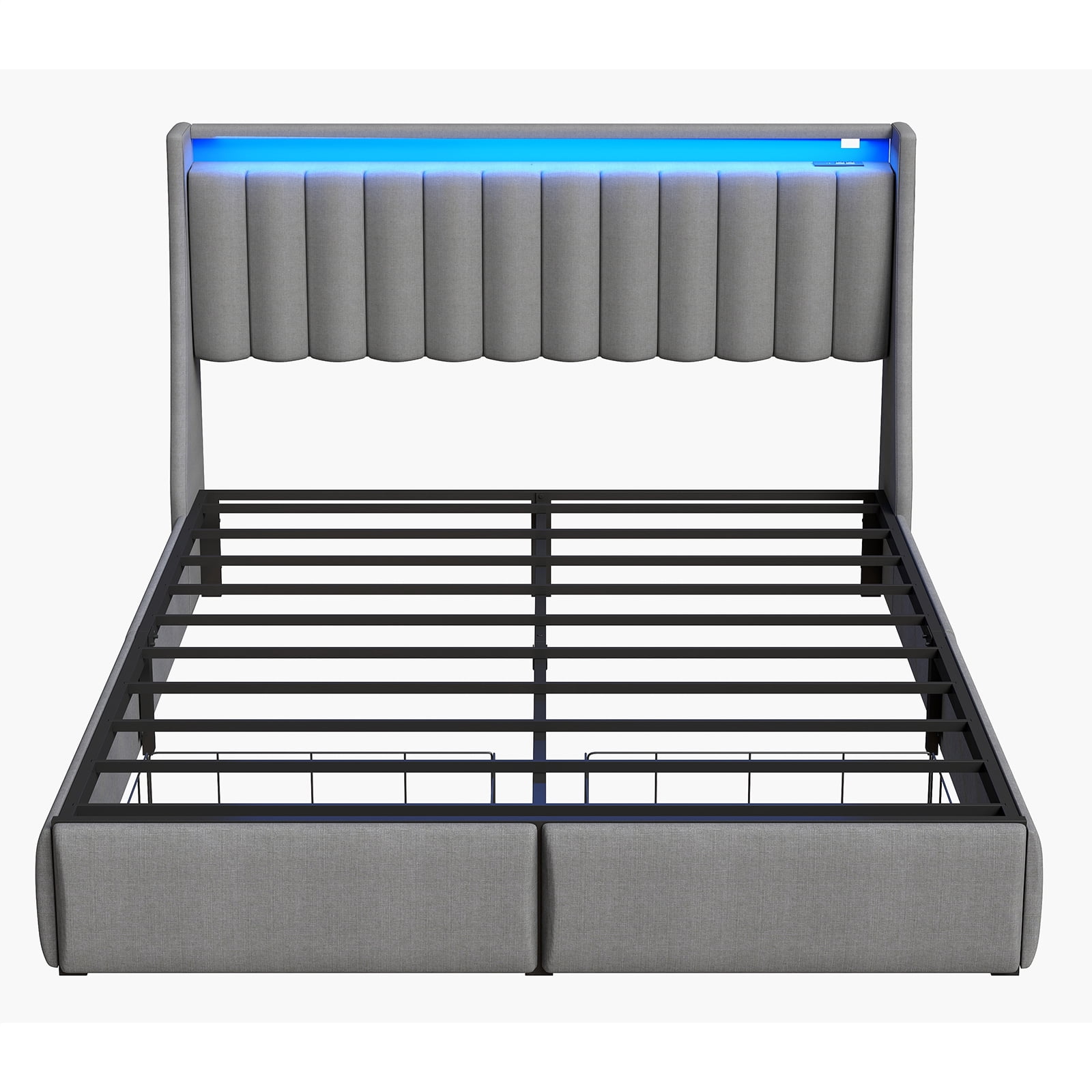 Mintazer Queen Size Tufted Upholstered Storage Bed Frame with LED Light & Charging Station, Platform Bed Frame with 2 Foot Drawers, No Box Spring Required, Grey