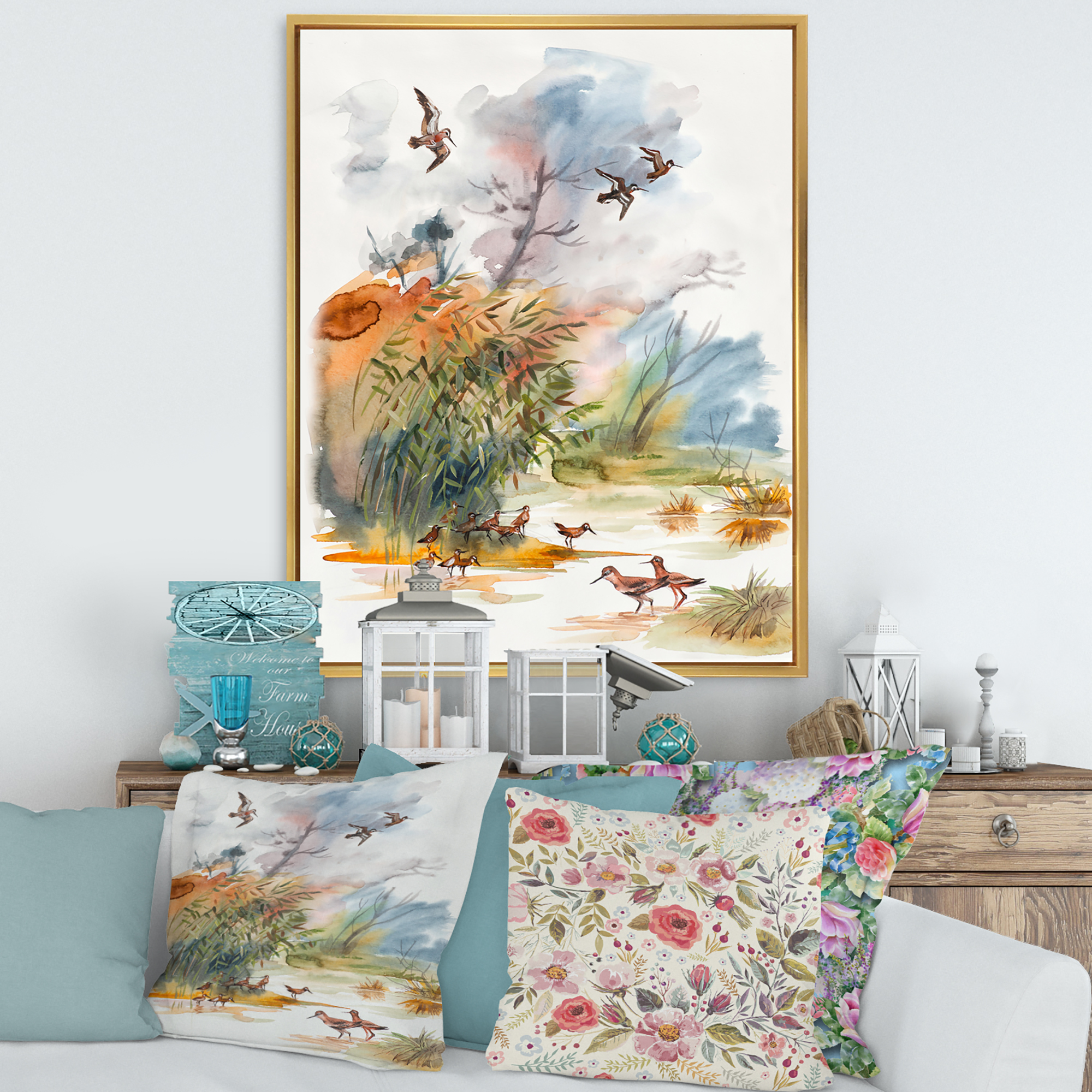 Designart 'Flying Over The Water With Autumn Landscape' Traditional Framed Canvas Wall Art Print