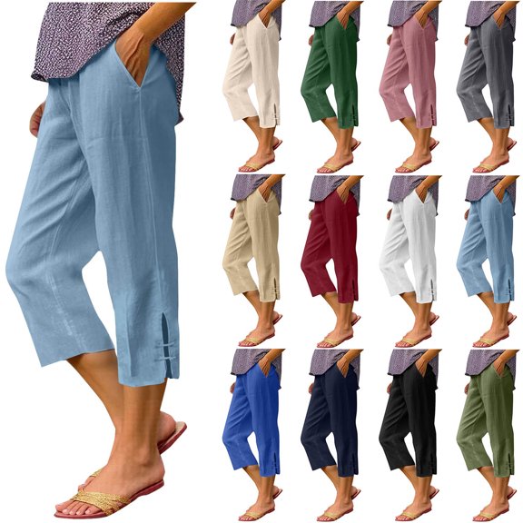 Horkkom Capri Pants for Women Plus Size Cotton Solid Color Elastic Waist Pants Summer Beach Casual Loose Pants with Pockets L