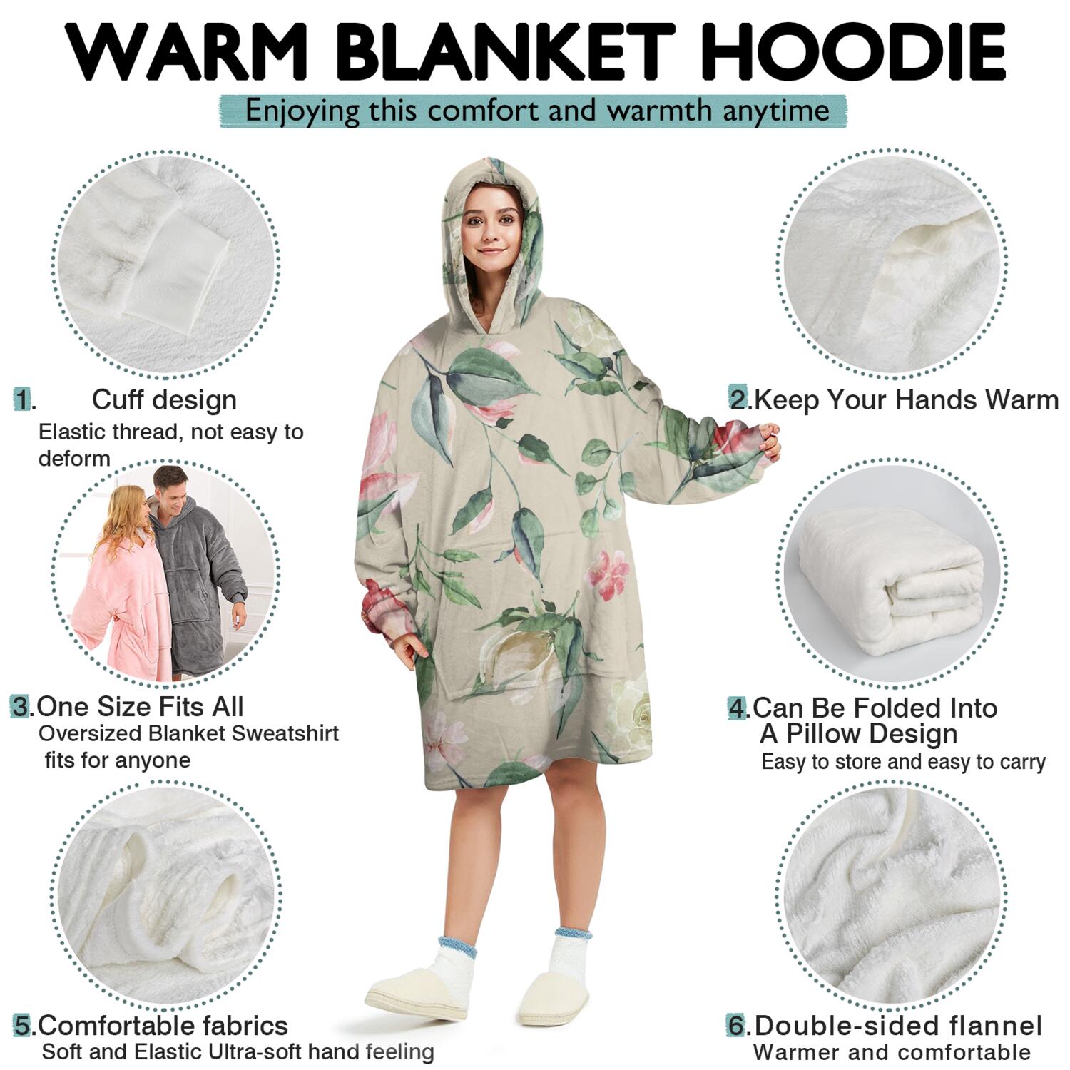 Wearable Oversized Blanket,Pioneer Flower Floral Print Pattern Wearable Blanket Hoodie for Adults,Cozy Hooded Blankets with Super Pockets,Super Warm Fuzzy Pullover for Women & Men