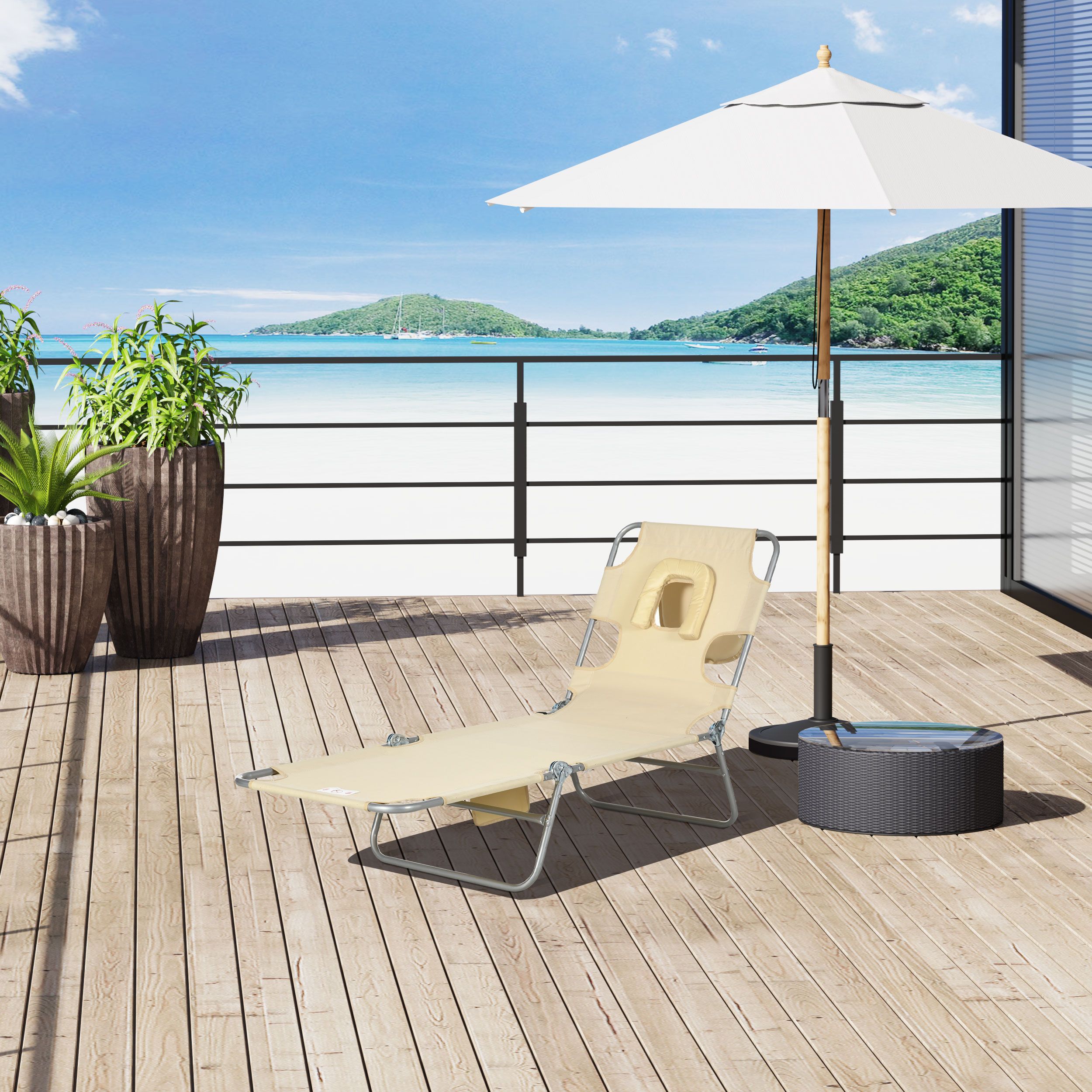 5-Position Reclining Facing Down Tanning Lounge Chair, Foldable Beach Chaise Lounge with Face Hole, Side Storage Pocket, Supports 264 LBS for Patio Poolside Outdoor Sunbathing