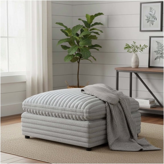 JERFIT 40 Inch Square Storage Ottoman with Removable Lid, Gray Plush Polyester, Farmhouse Style Foot Rest Cockpit Pouf for Living Room