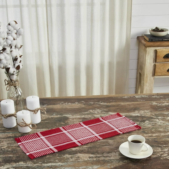 VHC Brands Farmhouse Christmas Decorations Eston Red White Plaid Runner Fringed 8x24