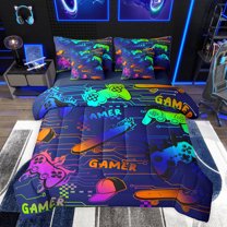 jejeloiu 3D Console Lovers 7-Piece Bedding Comforter Set,Modern Video Game King Bedding Sets,Colorful Ombre Effect Bed Sheets For Boy,Super Cozy Room Decor Reversible