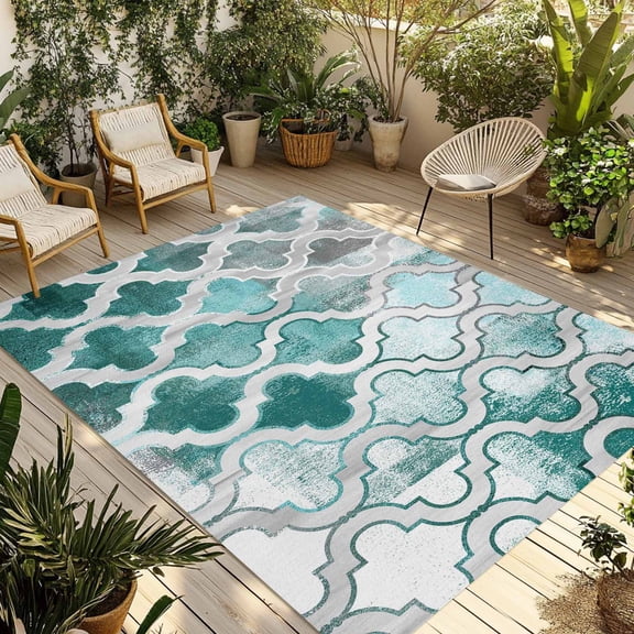 Fsddascl Turquoise Morocco Outdoor Rug for Patio/Deck/Porch, Non-Slip Large Area Rug 5 x 8 Ft, Grey Ombre Retro Mottled Painting Art Indoor Outdoor Rugs Washable Area Rugs, Camping Rug Carpet