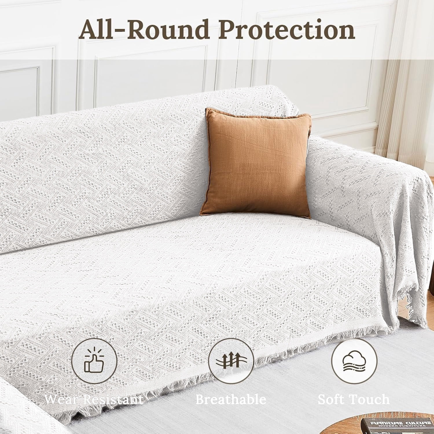 Sanmadrola Sofa Covers Couch Cover Sectional L Shape Couch Blanket Cover Sofa Slipcovers for Most Shape Sofas Washable Thick Soft Throws Cover Blankets for Living Room 91"x134" White