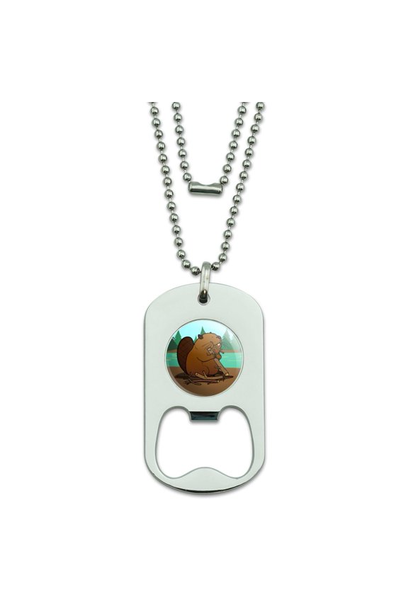 Beaver Chomping Wood Military Dog Tag Bottle Opener Pendant