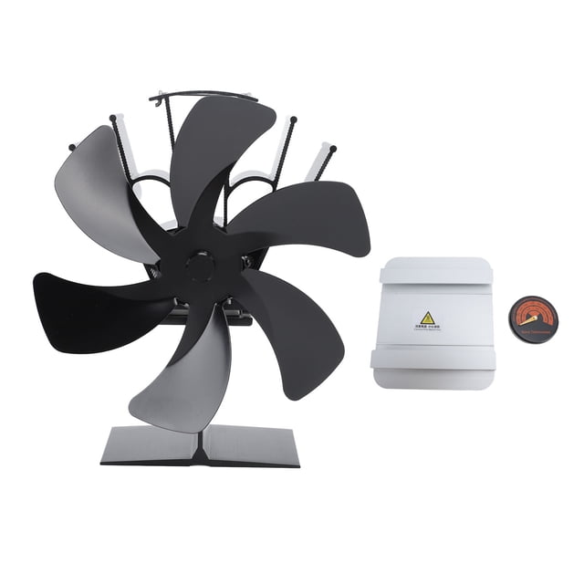 Ventilador de estufa de calor de 6 aspas, ventiladores para chimenea, ventilador térmico autogenerador con tablero de aislamiento, termómetro, negro