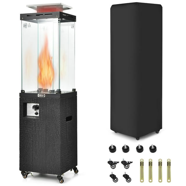Gymax 41,000 BTU Propane Patio Heater Glass Tube Standing Gas Heater w/ Cover Wheels Black