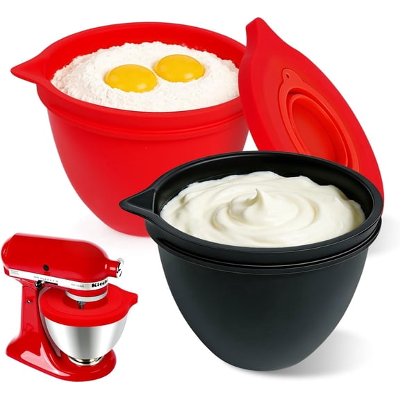 PQPO Silicone Liners Compatible with KitchenAid 4.5-5 Quart Tilt-Head mixer Bowl,2 Liners with Lids（red＋black）