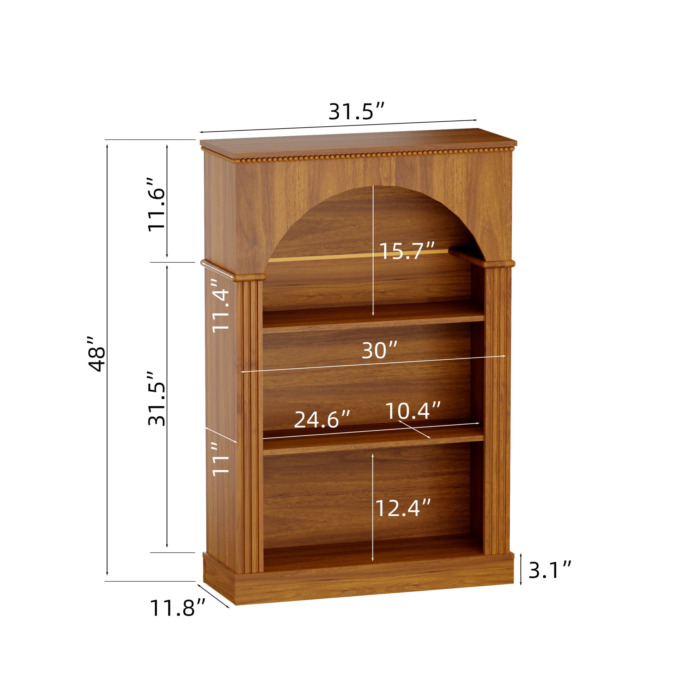 Noble House 48" Arched Bookcase, 3-Tier Open Bookshelf with Decorative Beaded Trim, Walnut
