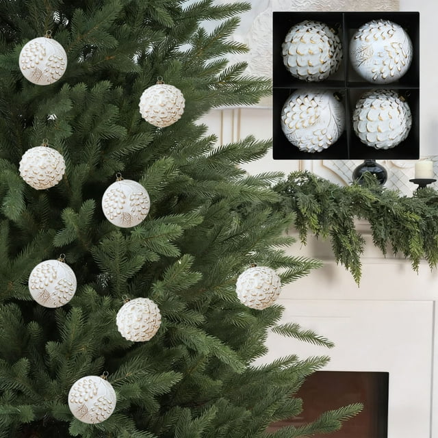Adornos Navideños de Bolas Blancas de 10 Cm (Paquete de 4) para Árbol | Colgantes | Plástico | Colores Brillantes | Costuras Resistentes | Cordón para Colgar | Ideal para Regalar En Fiestas Navideñas