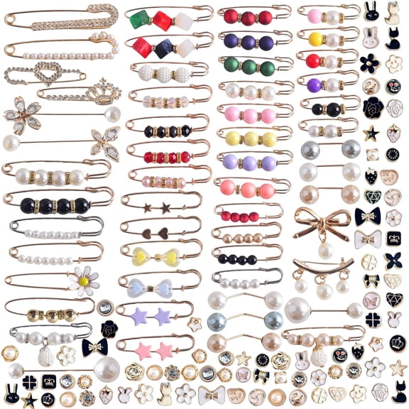 145 Pcs Brooch Pins, Sweater Shawl Hat Clip Neckline Pins Double Faux Pearl Brooches for Women Fashion Cover Up Buttons Clothing Dress Decoration Accessories Pant Waist Tightener Safety Pins