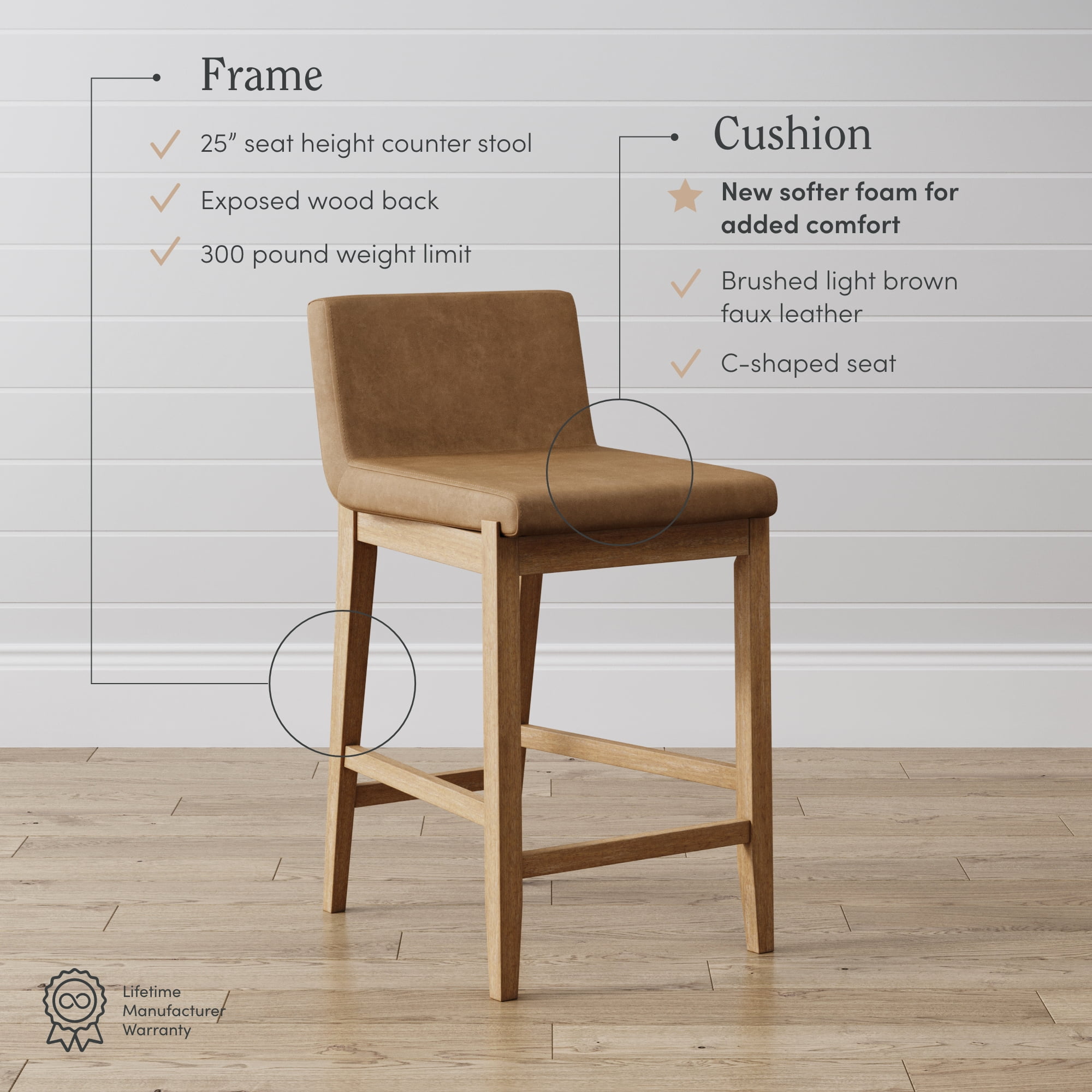 Nathan James Gracie Modern Backrest Bar Stool, Light Brown