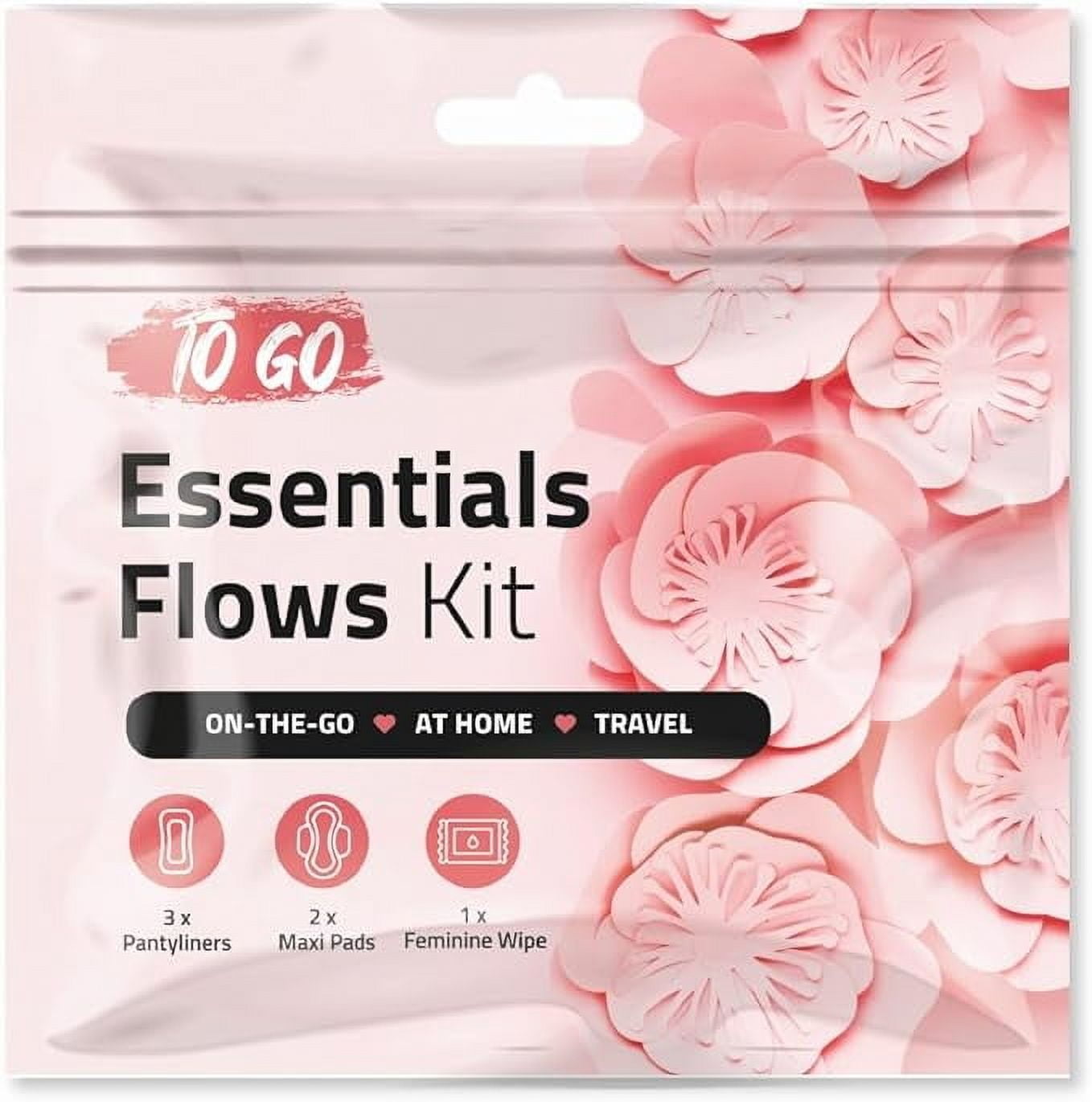 Disposable Essential Flows Period Kit for Girls and Teens - 3 Pantyliners, 2 Maxi Pads & Feminine Wipe | Confidence & Hygiene Essentials for School, First Period, Bulk for Charity (PINK STYLE) (10)