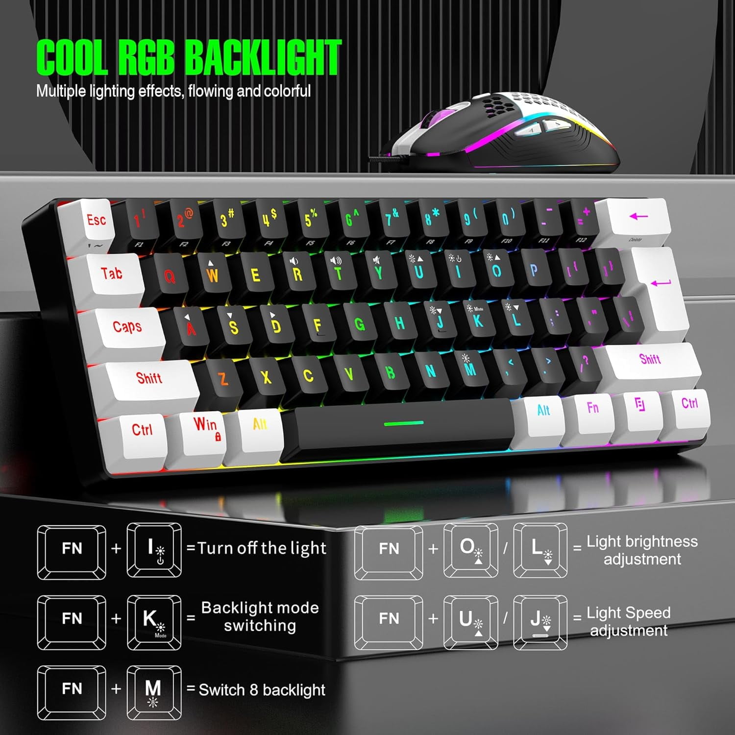7KEYS Wired RGB Gaming Keyboard and Mouse Combo,  61 Keys true RGB 14 Mode of Backlight, 3200 DPI Gaming Mouse, Mini Keyboard with Membrane Switch Comfort Use for PC Computer Laptop