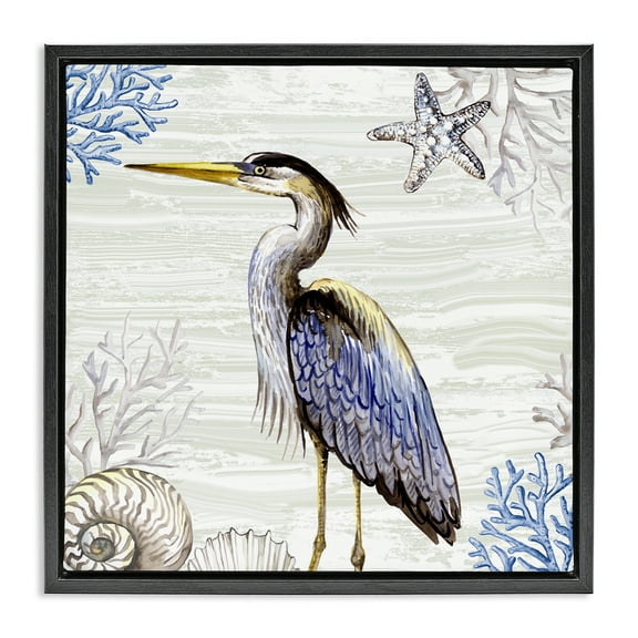 Stupell Industries Beach Bird Heron & Coral Animals Painting Black Floater Framed Canvas Art Print Wall Art, 18 x 18