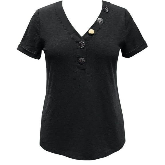 JM Collection Women's Petite Button-Front V-Neck Top Deep Black Size PXL