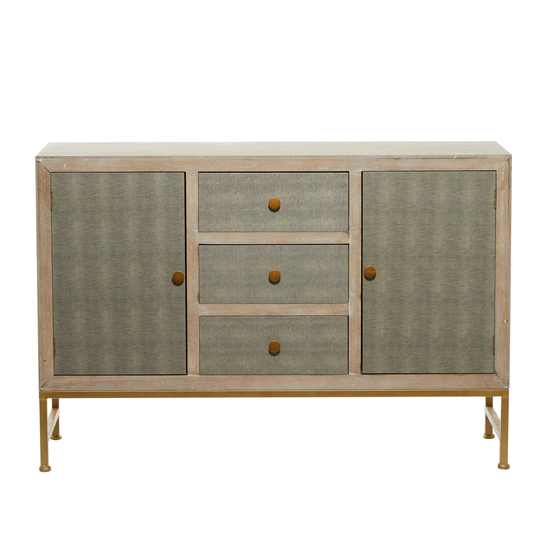 DecMode 47" x 32" Gray Wood Snakeskin Inspired 2 Door and 3 Drawer Cabinet with Gold Knobs and Washed Brown Frame, 1-Piece
