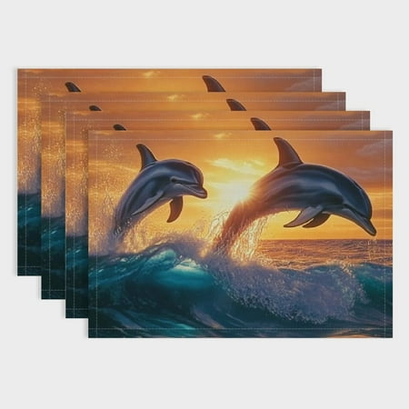 

SHERONV Dolphins Art Linen Placemats Set Non-Slip Heat-Resistant Place Mats Washable Kitchen Dining Table Mats for Dining Table Kitchen Wedding Party Festival 18x12in