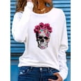 thumbnail image 3 of 100% pure cotton women's spring and autumn loose casual skull and rose graphic printed long sleeved round neck T-shirt, 3 of 9