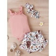 thumbnail image 4 of Baby Girl Pants Suit, Casual Party Off Shoulder Romper Tops + Bull Print Short Pants + Head Band 0-18 Months, 4 of 9
