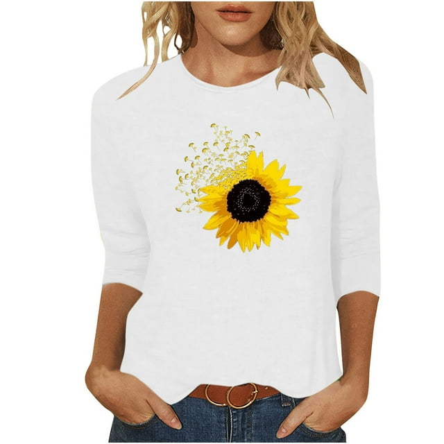 CEHVOM T-shirt Imprimé Mode pour Femmes Manches 3/4 Mi-Longues Blouse Col Rond Tops Décontractés Liquidation