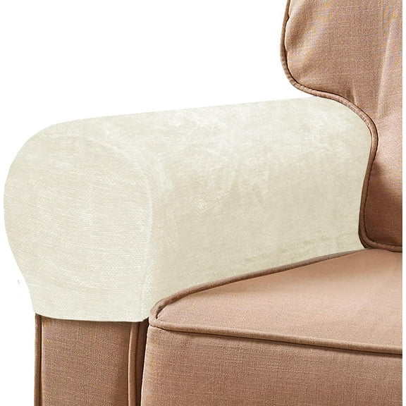 Nvzi 2 Pcs Chenille Stretch Armrest Covers for Chairs and Sofas Couch Solid Color Non-Slip Arm Covers Armchair Slipcovers for Recliner with Twist Pins, Cream
