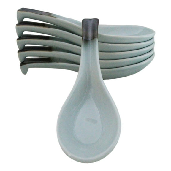 Pack of 6 Seikai Blue Sky Collection Ceramic Asian Soup Spoons With Hook 5.75"L
